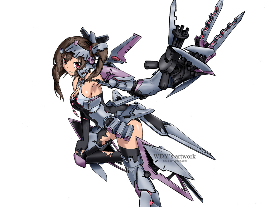 1girl, armor, armpits, ass, bangs, bare_shoulders, barrette, black_gloves, black_legwear, bodysuit, breasts, brown_hair, choker, cleavage, criss-cross_halter, deviantart, drill_hair, elbow_gloves, fingerless_gloves, gatling_gun, gloves, gun, hair_between_eyes, hair_ornament, hairclip, halter_top, halterneck, hand_on_own_knee, hand_up, head_tilt, headdress, headgear, headset, jewelry, knee_pads, leaning, leaning_forward, leg_armor, leg_lift, leg_up, leotard, long_hair, looking_at_viewer, mecha_musume, mechanical_arm, original, red_eyes, rubber_band, shiny, shiny_clothes, shiny_hair, shiny_skin, short_hair_with_long_locks, side_ponytail, sideboob, simple_background, skin_tight, smile, solo, standing_on_one_leg, thighhighs, torn_clothes, torn_thighhighs, twin_drills, twintails, watermark, weapon, web_address, white_background