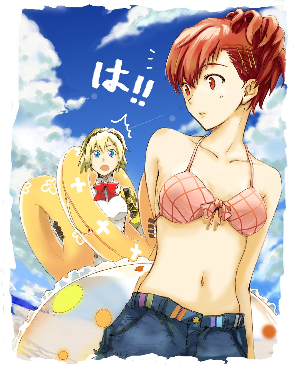 2girls, aegis, aegis_(persona), android, atlus, bikini_top, blonde_hair, blue_eyes