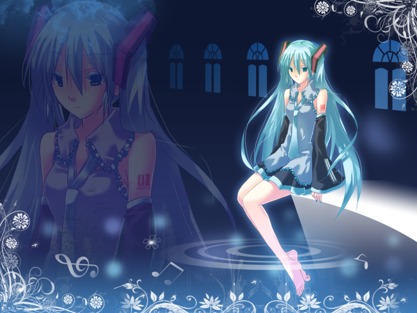 1girl, android, aqua_eyes, aqua_hair, aqua_nails, aqua_necktie, artist_request, bare_shoulders, black_skirt, detached_sleeves, feet_in_water, full_body, hatsune_miku, long_hair, musical_note, nail_polish, no_shoes, no_socks, nose, partially_submerged, projected_inset, sitting, sleeveless, sleeveless_shirt, solo, tattoo, twintails, very_long_hair, vocaloid, water, window