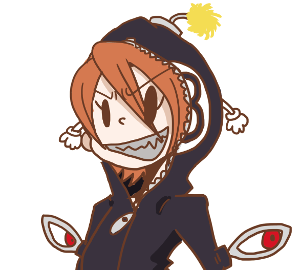 1girl, cosplay, cyborg, extra_eyes, eye_socket, full-length_zipper, grin, hoodie