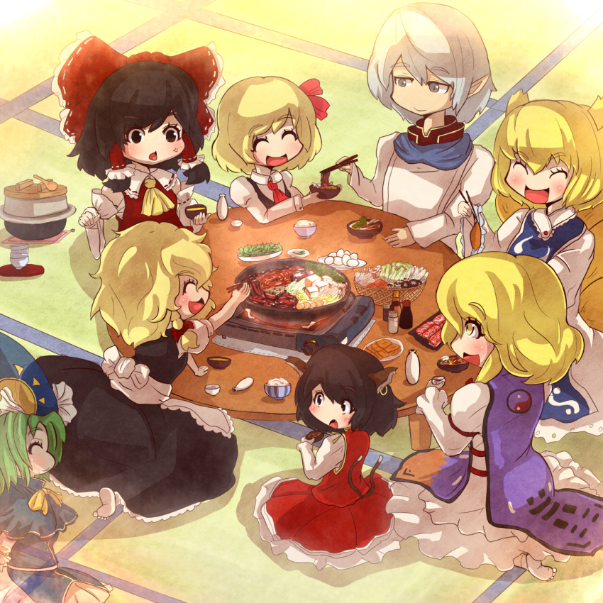 buront, chen, closed_eyes, crossover, eating, elf, elvaan, final_fantasy, final_fantasy_xi, food, hakurei_reimu, happy, kakat, kirisame_marisa, mima, pointy_ears, rumia, sukiyaki, tears, the_iron_of_yin_and_yang, touhou, yakumo_ran, yakumo_yukari