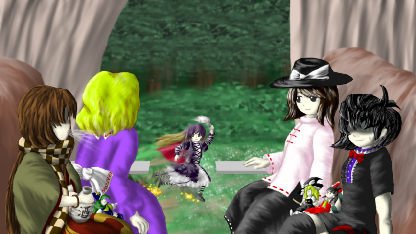 afterimage, artist_request, ascot, black_hair, black_legwear, blonde_hair, blush, bottle, bow, braid, brown_eyes, brown_hair, bush, couch, detached_sleeves, doll, dress, futatsuiwa_mamizou_(human), glasses, gradient_hair, green_hair, hair_bow, hair_tubes, hakurei_reimu, handkerchief, hat, highres, hijiri_byakuren, houjuu_nue, japanese_clothes, juliet_sleeves, kirisame_marisa, layered_dress, long_hair, long_sleeves, looking_out_window, maribel_hearn, miko, mima, multicolored_hair, multiple_girls, necktie, oota_jun'ya_(style), puffy_sleeves, ribbon, running, sake_bottle, short_hair, short_sleeves, sitting, smile, spitting, sweatdrop, tagme, thigh-highs, touhou, train, train_interior, tree, usami_renko, waving_arms, witch_hat, wizard_hat, zettai_ryouiki