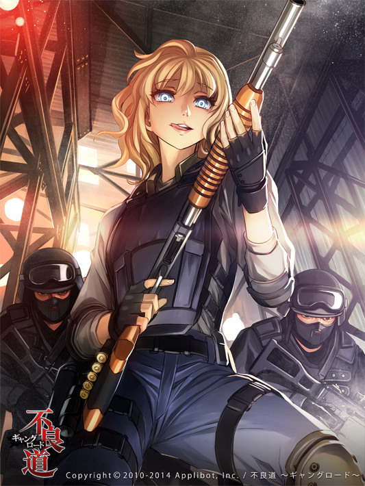 1girl, 2boys, :p, blonde_hair, blue_eyes, bulletproof_vest, elbow_pads, fingerless_gloves