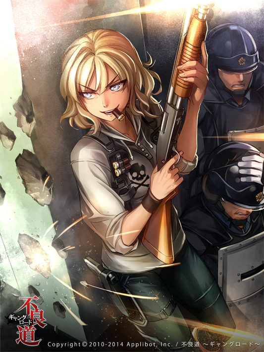 1girl, 2boys, blonde_hair, blue_eyes, furyou_michi_~gang_road~, grin, gun, helmet