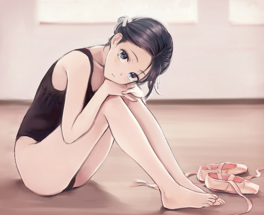 1girl, ballerina, ballet_slippers, barefoot, black_hair, blue_eyes, hands_on_knees, leotard, short_hair, sitting, solo, takeuchi_aya
