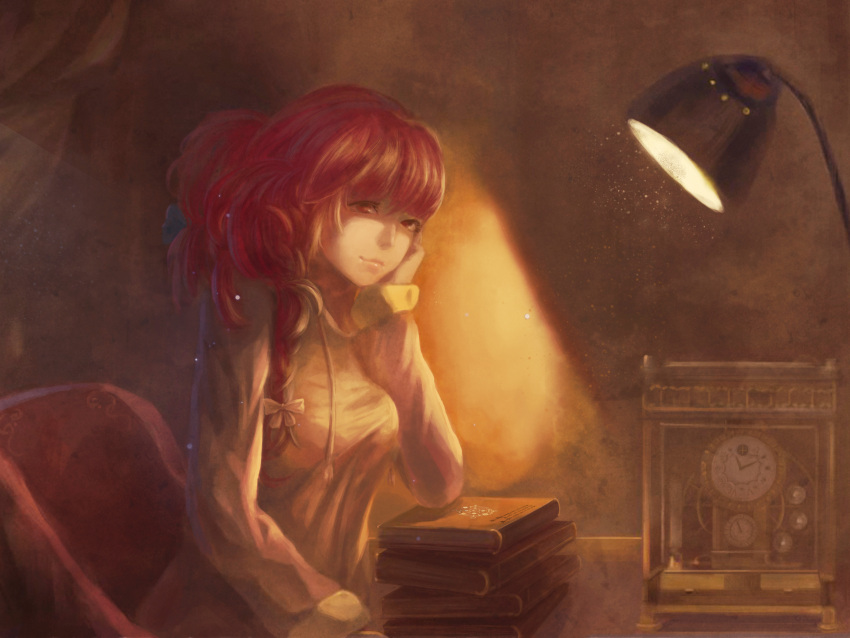1girl, absurdres, book_stack, bow, braid, chair, clock, dress, elbow_rest, eyelashes, hair_bow, head_rest, highres, indoors, lamp, light, light_smile, lips, long_hair, long_sleeves, looking_at_viewer, magician_(china), nose, okazaki_yumemi, red_eyes, redhead, roman_numerals, single_braid, sitting, solo, table, touhou, touhou_(pc-98)