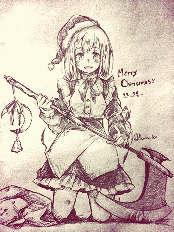 1girl, artist_name, axe, bell, blonde_hair, bow, crescent, dated
