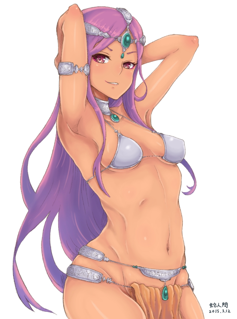 1girl, armpits, arms_behind_head, bracelet, breasts, circlet, cleavage, dancer's_costume_(dq)