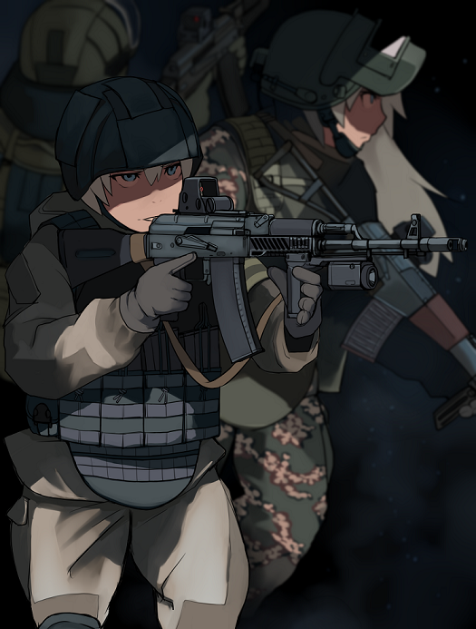 1girl, ak-74, ak-74m, as_val, assault_rifle, blonde_hair, blue_eyes, body_armor