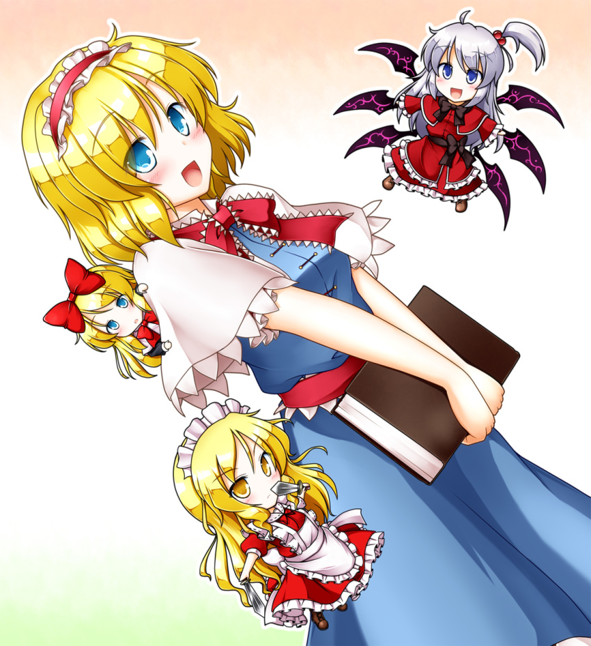 3girls, aka_tawashi, alice_margatroid, apron, blonde_hair, blue_dress, blue_eyes, blush