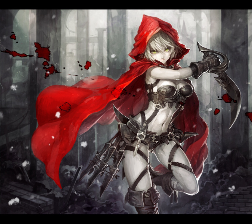 1girl, armor, bangs, belt, bikini_armor, black_boots, black_bra, black_gloves