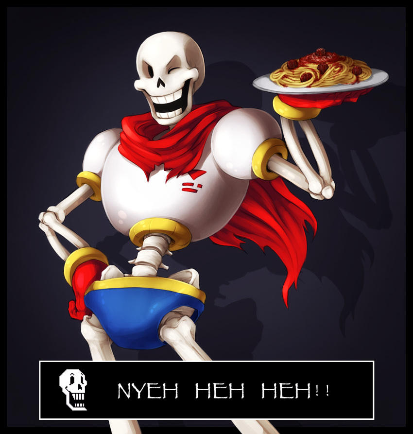 1boy, armor, blue_shorts, cape, cowboy_shot, english_text, food, gloves
