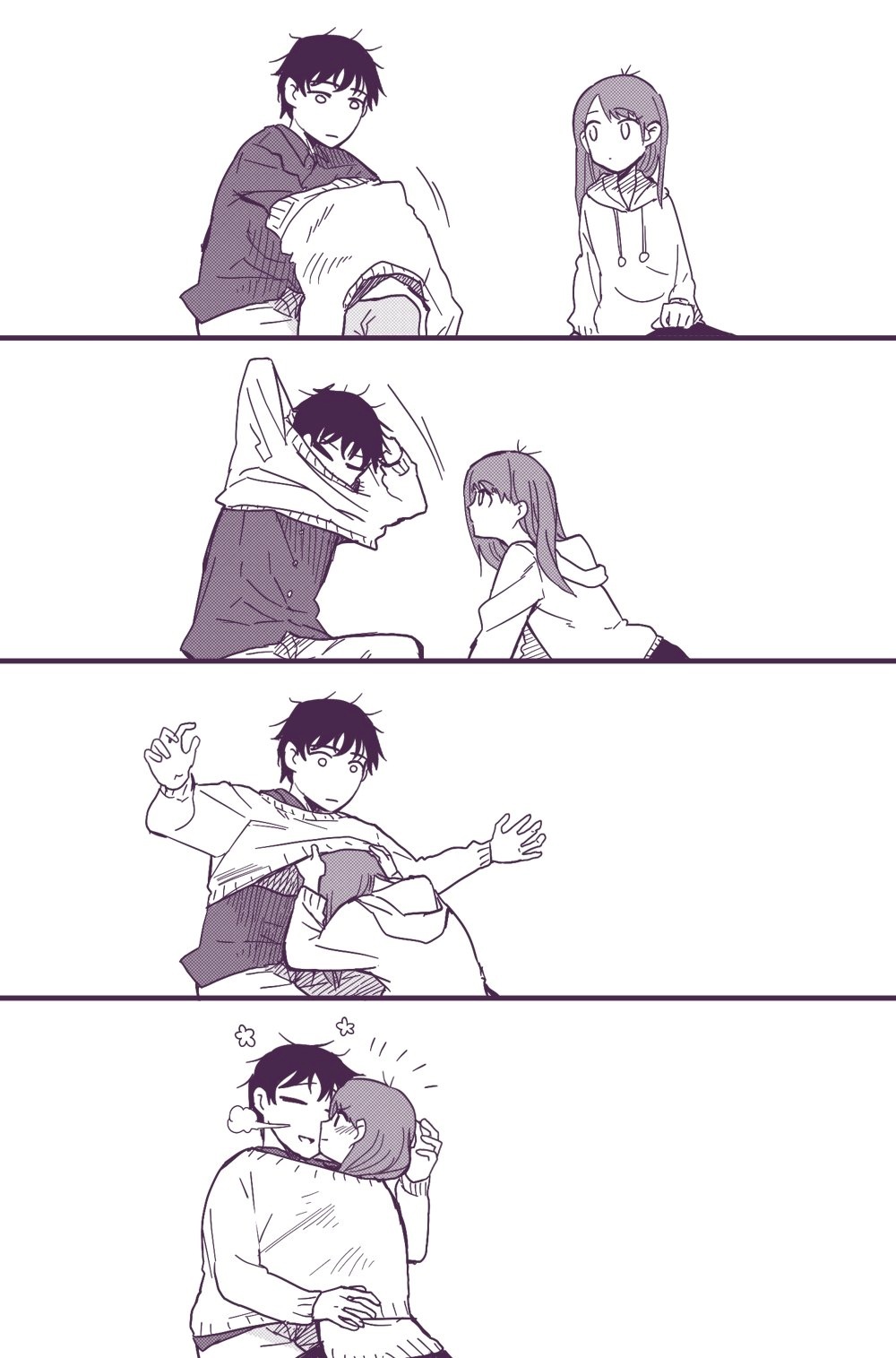 1boy, 1girl, arms_up, bangs, blush, breath, comic, couple