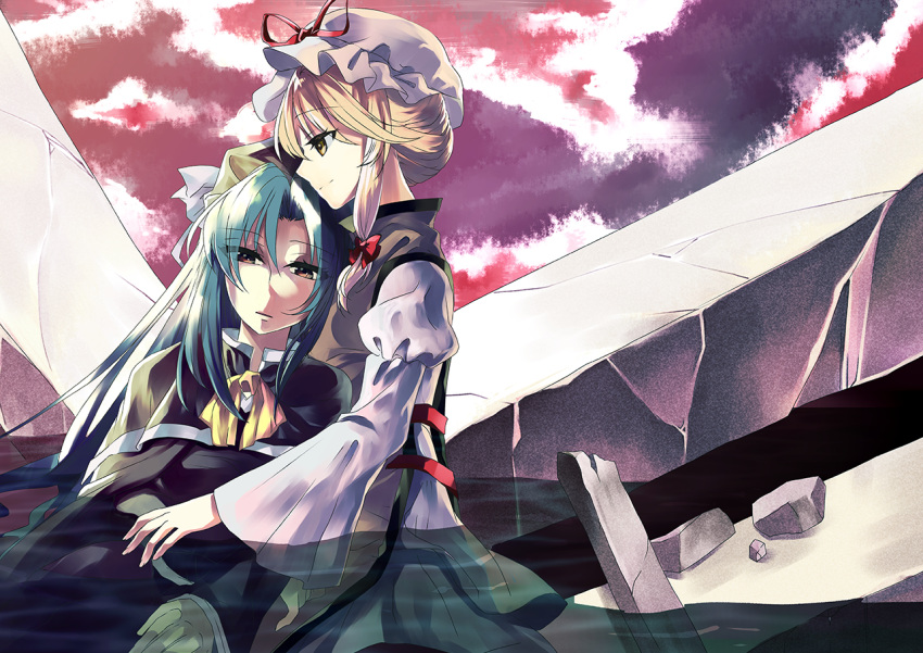 2girls, ascot, blonde_hair, cape, capelet, clouds, cloudy_sky, dress