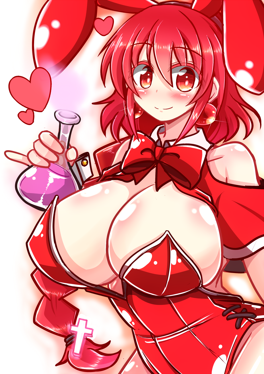 1girl, animal_ears, braid, breasts, bunny_girl, bunnysuit, cleavage, cross, earrings, fake_animal_ears, flask, heart, highres, huge_breasts, jewelry, leotard, long_hair, looking_at_viewer, okazaki_yumemi, rabbit_ears, red_eyes, redhead, rindou_(p41neko), solo, strapless, strapless_leotard, touhou, touhou_(pc-98)