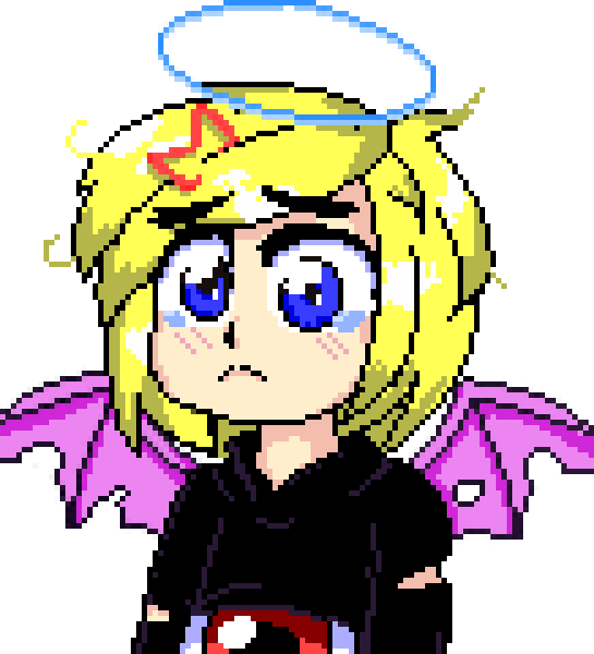 barrette, bat_wings, black_sweater, blonde_hair, blue_eyes, dungeon_toaster, evil_eye_sigma, eyeball, halo, humanization, oota_jun'ya_(style), pc98, pixel_art, red_eyes, simple_background, sweater, tagme, teardrop, touhou, wings
