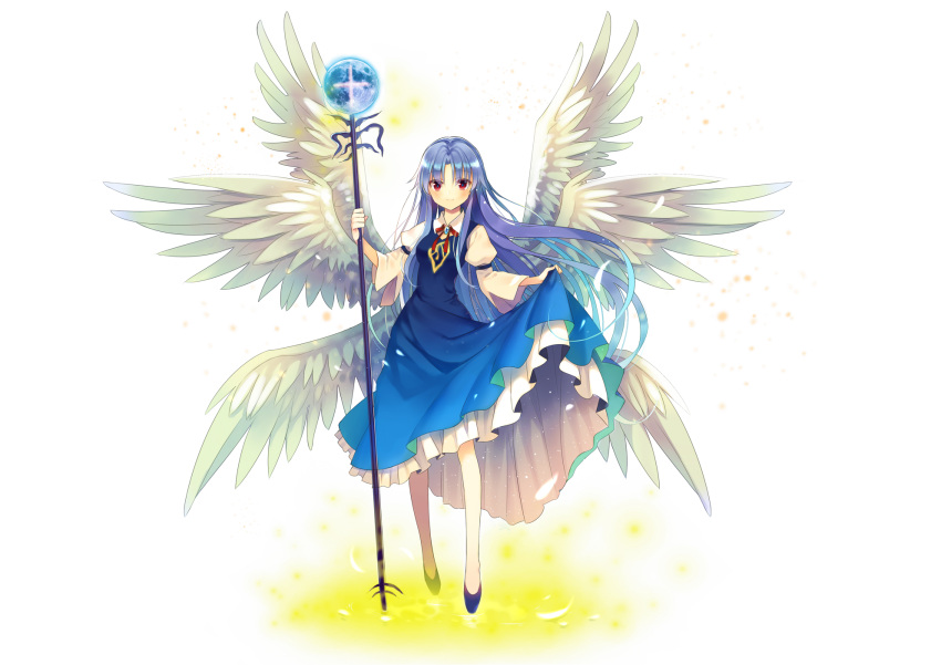 1girl, angel, angel_wings, bangs, blue_dress, blue_hair, blue_shoes, blush