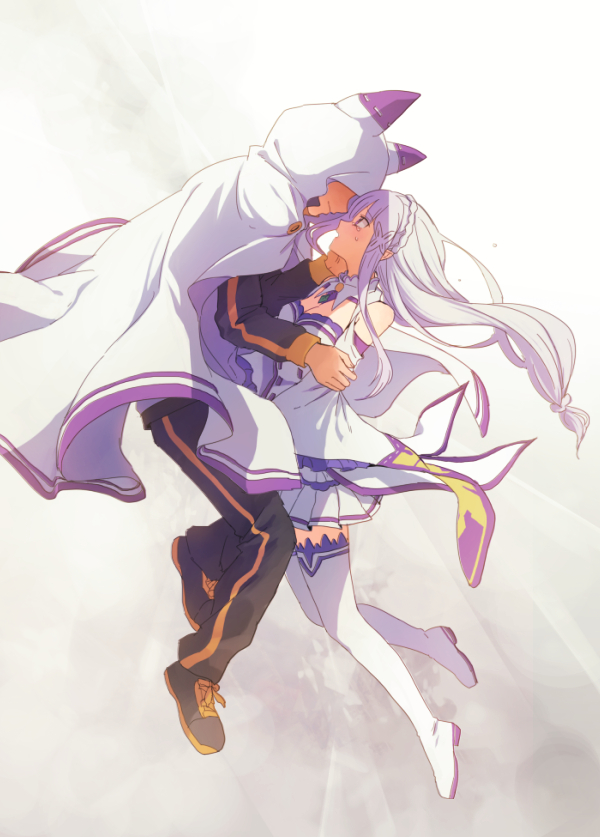 1boy, 1girl, animal_ears, arm_holding, black_shoes, boots, braid, breasts