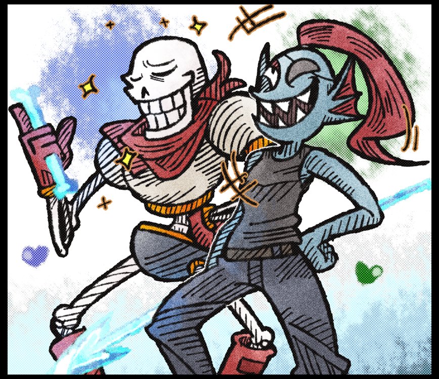 +++, 1boy, 1girl, armor, black_border, black_shirt, bone, border, closed_eyes, energy_bone, energy_spear, energy_weapon, eyepatch, gloves, grin, hand_on_hip, head_fins, heart, holding, holding_bone, holding_polearm, holding_weapon, laughing, line_shading, long_hair, open_mouth, pants, papyrus_(undertale), polearm, red_gloves, red_hair, red_scarf, scarf, sharp_teeth, shirt, skeleton, sleeveless, smile, sparkle, spear, suenari_(peace), tank_top, topknot, troll_face, undertale, undyne, weapon