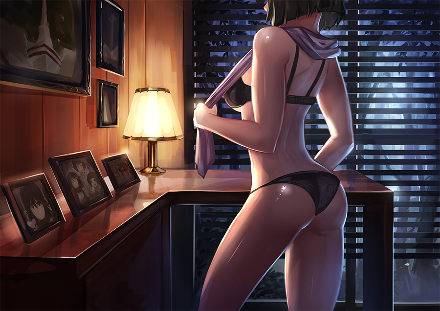 1girl, alternate_hair_length, alternate_hairstyle, ass, black_bra, black_hair, black_panties, blinds