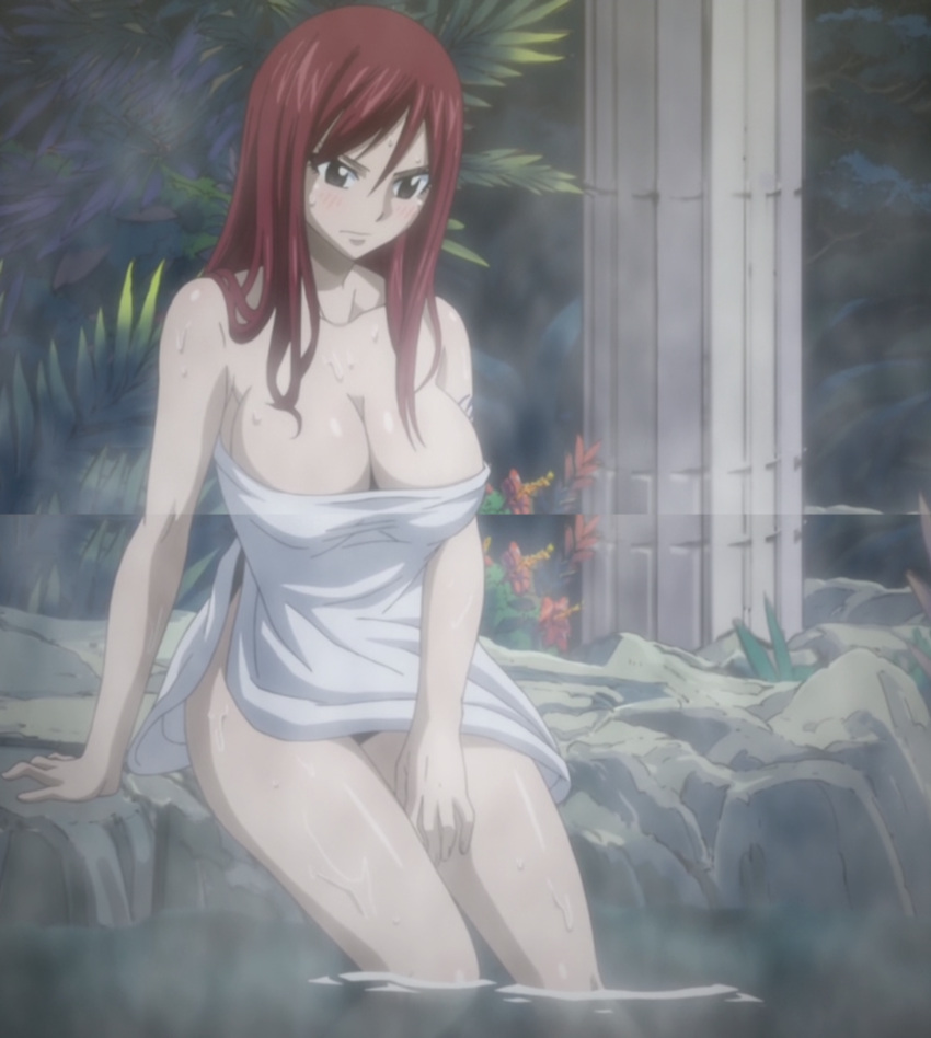 1girl, bath, blush, breasts, brown_eyes, cleavage, erza_scarlet, fairy_tail