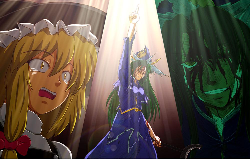 2girls, collaboration, female, gradient, gradient_background, green_hair, hat, kirisame_marisa