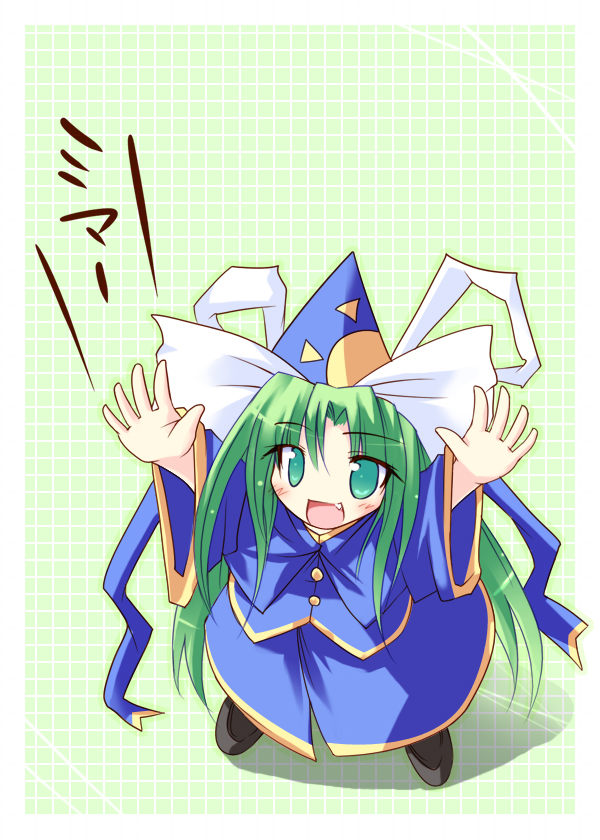 1girl, black_shoes, blue_jacket, blue_skirt, fang, female, full_body, green_eyes