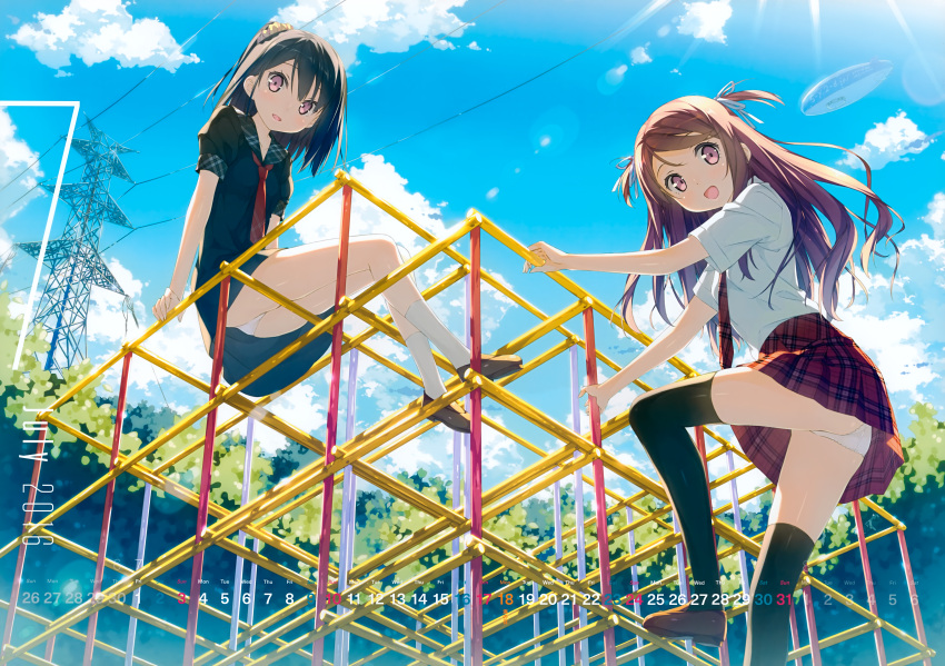2girls, absurdres, aircraft, ass, black_hair, black_legwear, blimp, blush