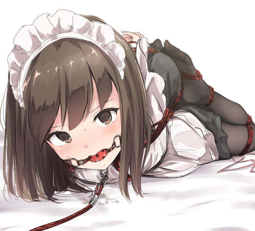 1girl, apron, ball_gag, bangs, bdsm, black_legwear, blush, bondage