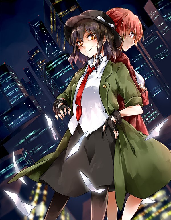 2girls, back-to-back, black_hair, brown_eyes, city, cityscape, coat, crossed_arms