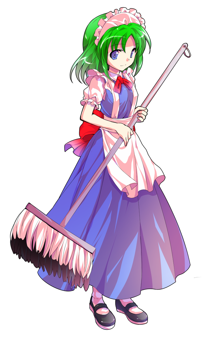 1girl, alphes_(style), android, apron, bangs, bare_arms, blue_dress, blue_eyes, blue_footwear, closed_mouth, dairi, dress, eyebrows, eyebrows_visible_through_hair, frilled_sleeves, frills, full_body, green_hair, hair_between_eyes, holding, maid, maid_apron, maid_headdress, mary_janes, mop, parody, parted_bangs, puffy_short_sleeves, puffy_sleeves, ruukoto, shoes, short_hair, short_sleeves, simple_background, smile, solo, standing, style_parody, touhou, touhou_(pc-98), transparent_background, waist_apron, white_apron, white_legwear