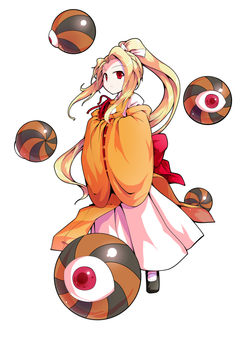 1girl, alphes_(style), black_footwear, blonde_hair, bow, closed_mouth, dairi, detached_sleeves, eyeball, eyebrows, eyebrows_visible_through_hair, frown, full_body, hair_ribbon, high_ponytail, highres, japanese_clothes, long_hair, long_skirt, long_sleeves, orange_shirt, parody, red_bow, red_eyes, ribbon, ribbon-trimmed_clothes, ribbon-trimmed_sleeves, ribbon_trim, shirt, shoes, simple_background, single_hair_intake, skirt, solo, standing, style_parody, touhou, touhou_(pc-98), transparent_background, undershirt, very_long_hair, white_ribbon, white_shirt, white_skirt, wide_sleeves, yuugenmagan