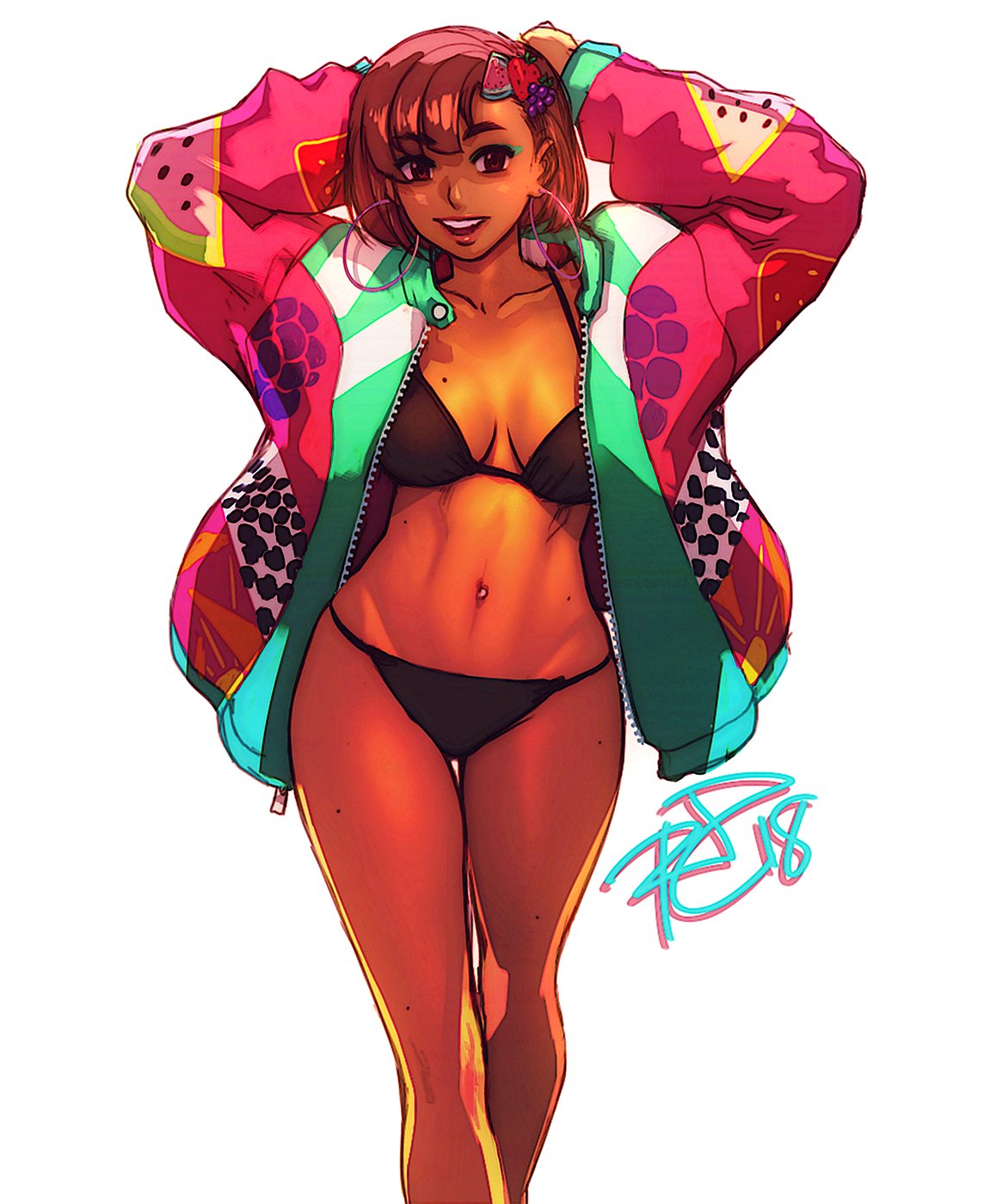 1girl, 80s, bikini, black_bikini, breasts, brown_eyes, brown_hair, collarbone