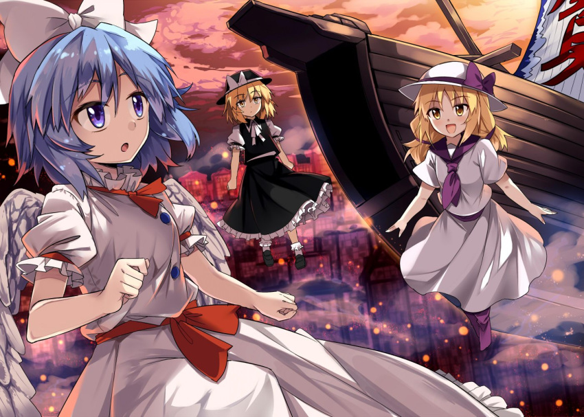 3girls, :d, :o, black_footwear, black_skirt, black_vest, blonde_hair, blue_eyes