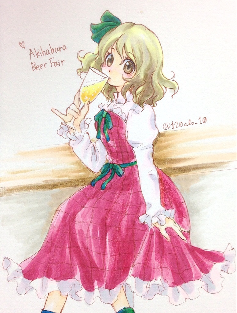 1girl, \m/, alcohol, arm_at_side, beer, beerko, blonde_hair, brown_eyes