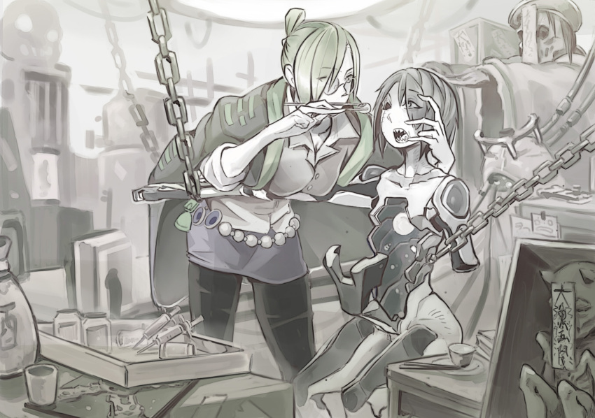 2girls, android, asymmetrical_bangs, asymmetrical_hair, bangs, bonesfish, chains, chest_jewel