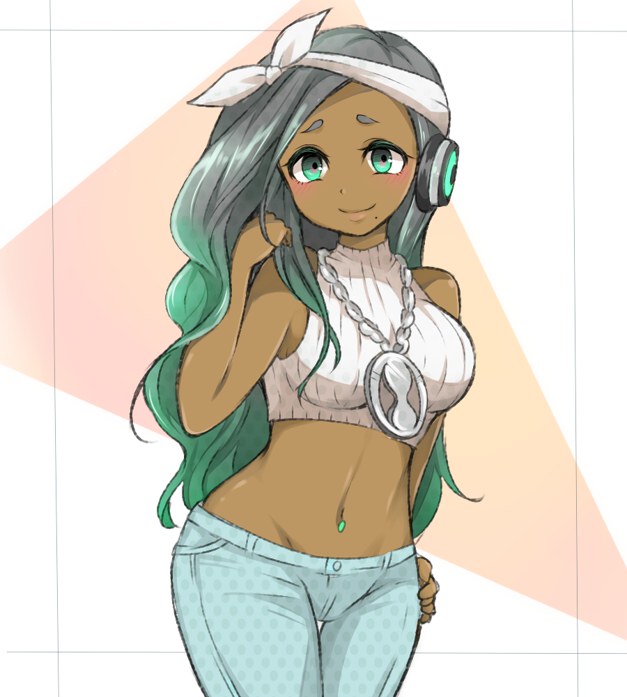 1girl, bare_arms, bare_shoulders, black_hair, blush, breasts, closed_mouth, crop_top