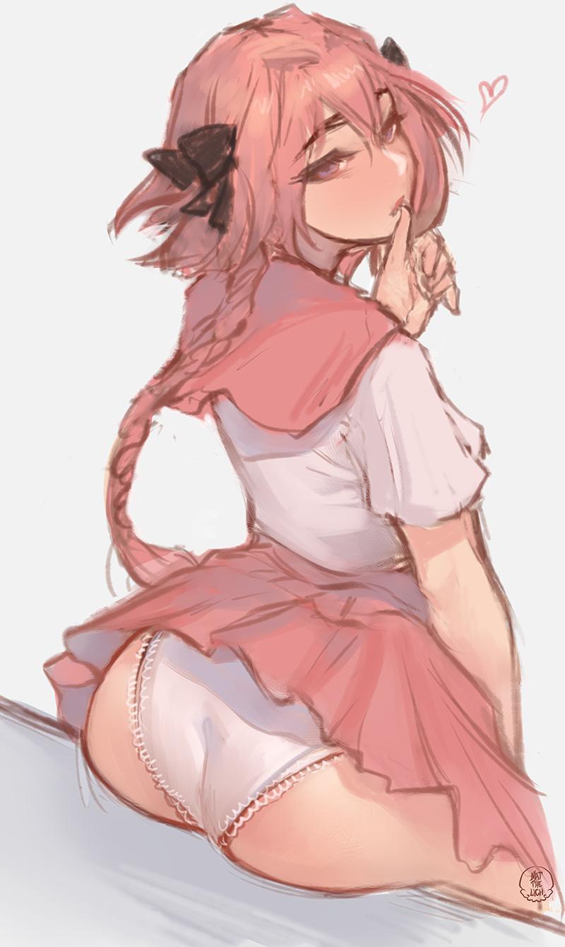 1boy, androgynous, ass, astolfo_(fate), biting, black_bow, black_ribbon, bow, braid, dress, eyebrows, fate/grand_order, fate_(series), grey_background, hair_intakes, hair_ribbon, hand_up, heart, highres, long_braid, looking_at_viewer, male_focus, nat_the_lich, open_mouth, otoko_no_ko, panties, pantyshot, pink_hair, pink_skirt, ribbon, sailor_dress, school_uniform, signature, simple_background, single_braid, sitting, sitting_on_object, sketch, skirt, standing, thumb_biting, trap, underwear, upskirt, violet_eyes