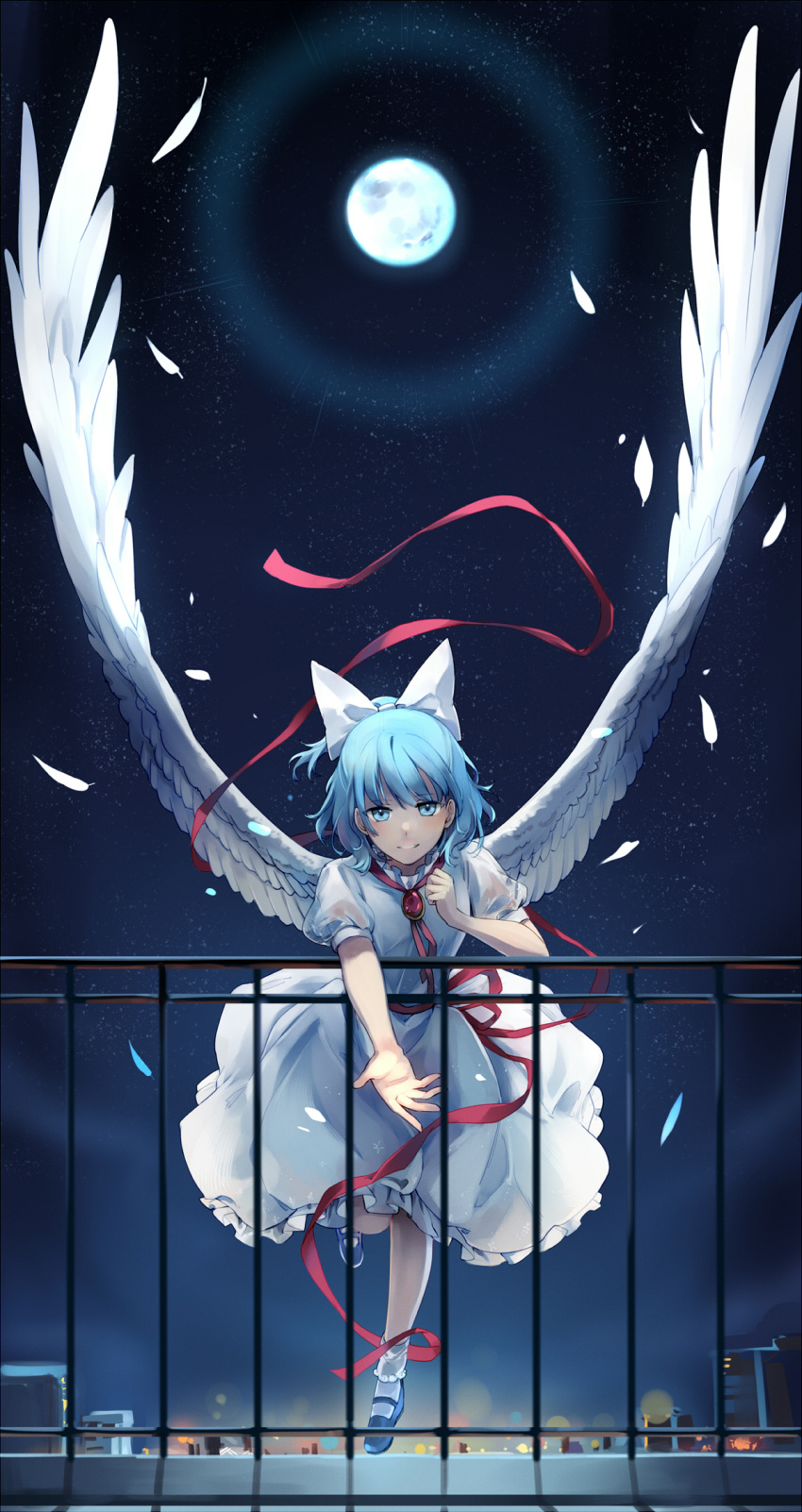 1girl, angel_wings, blue_eyes, blue_footwear, blue_hair, bow, brooch, cityscape