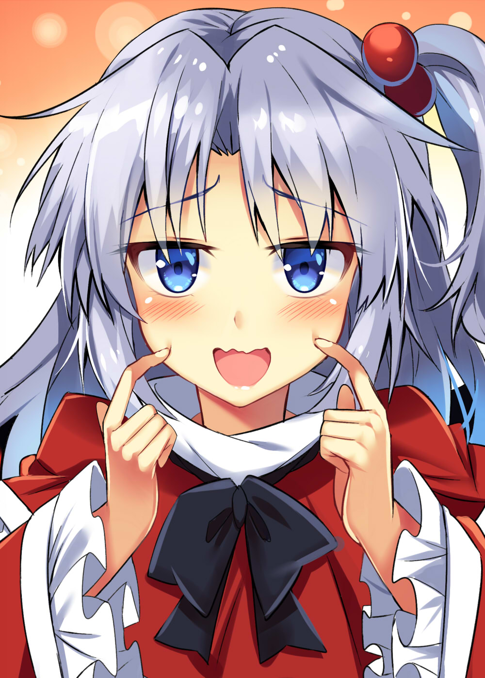 1girl, :d, bangs, black_bow, black_neckwear, blue_eyes, bow, bowtie