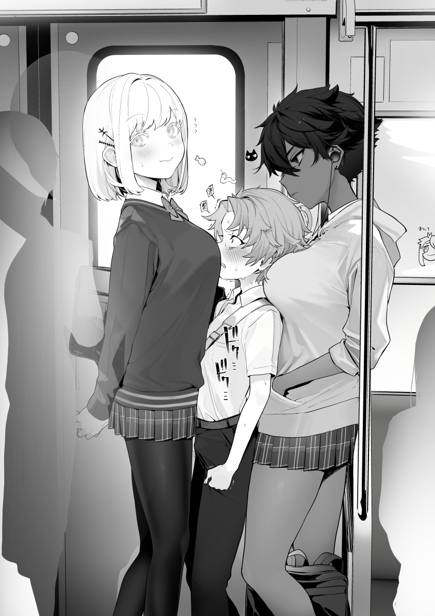 1boy, 2girls, absurdres, age_difference, bangs, blush, breast_press, breast_smother