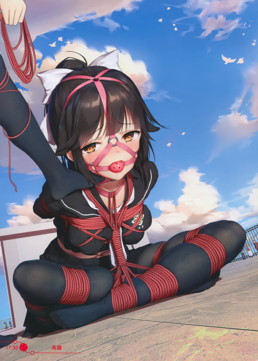 1girl, absurdres, arms_behind_back, azur_lane, ball_gag, bangs, bdsm, black_hair, black_legwear, black_serafuku, black_skirt, blue_sky, blush, bondage, bound, bound_arms, bound_wrists, bow, breast_bondage, breasts, clouds, cloudy_sky, day, eyebrows_visible_through_hair, gag, gagged, hair_bow, haneru, highres, indian_style, long_hair, looking_at_viewer, medium_breasts, outdoors, pantyhose, pleated_skirt, ponytail, red_rope, restrained, rope, saliva, saliva_trail, scan, school_uniform, serafuku, shibari, shibari_over_clothes, sitting, skindentation, skirt, sky, solo, takao_(academy_romantica)_(azur_lane), takao_(azur_lane), tears, white_bow
