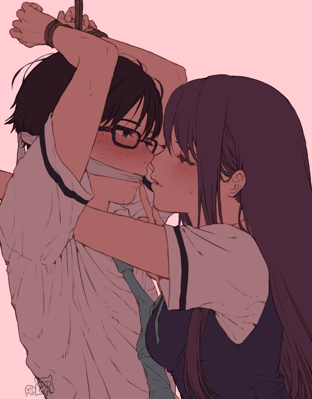 1boy, 1girl, andressina, aqua_neckwear, arms_up, bdsm, black_hair, blush