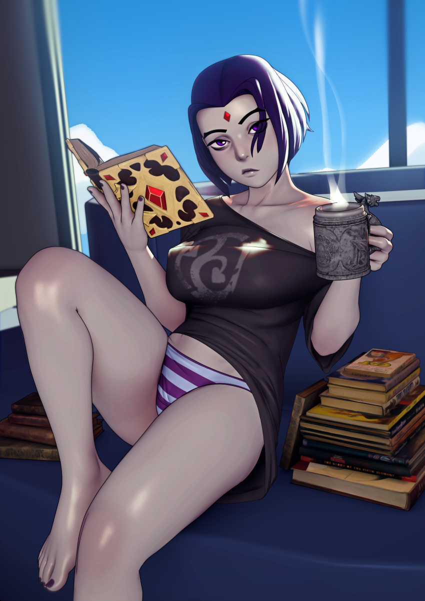 1girl, absurdres, backlighting, book, book_stack, breasts, casual, coffee_mug