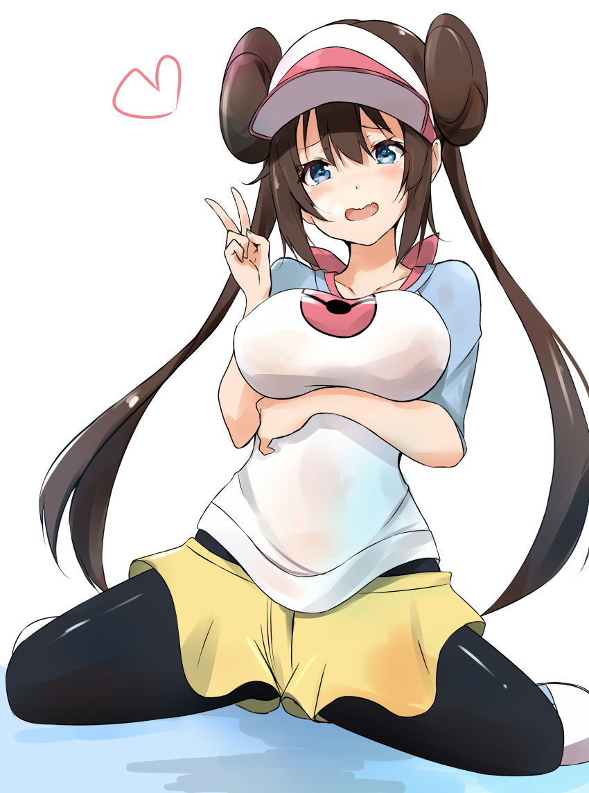 1girl, absurdres, blue_eyes, blush, breast_hold, breasts, brown_hair, double_bun
