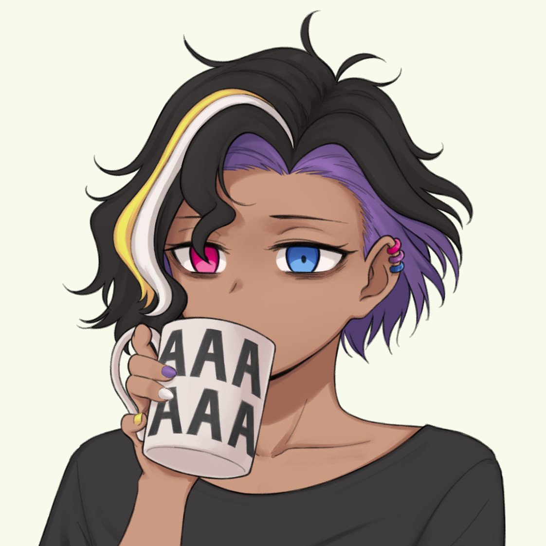 1non-binary, androgynous, bags_under_eyes, beige_background, bisexual_flag, black_hair, black_shirt, blonde_hair