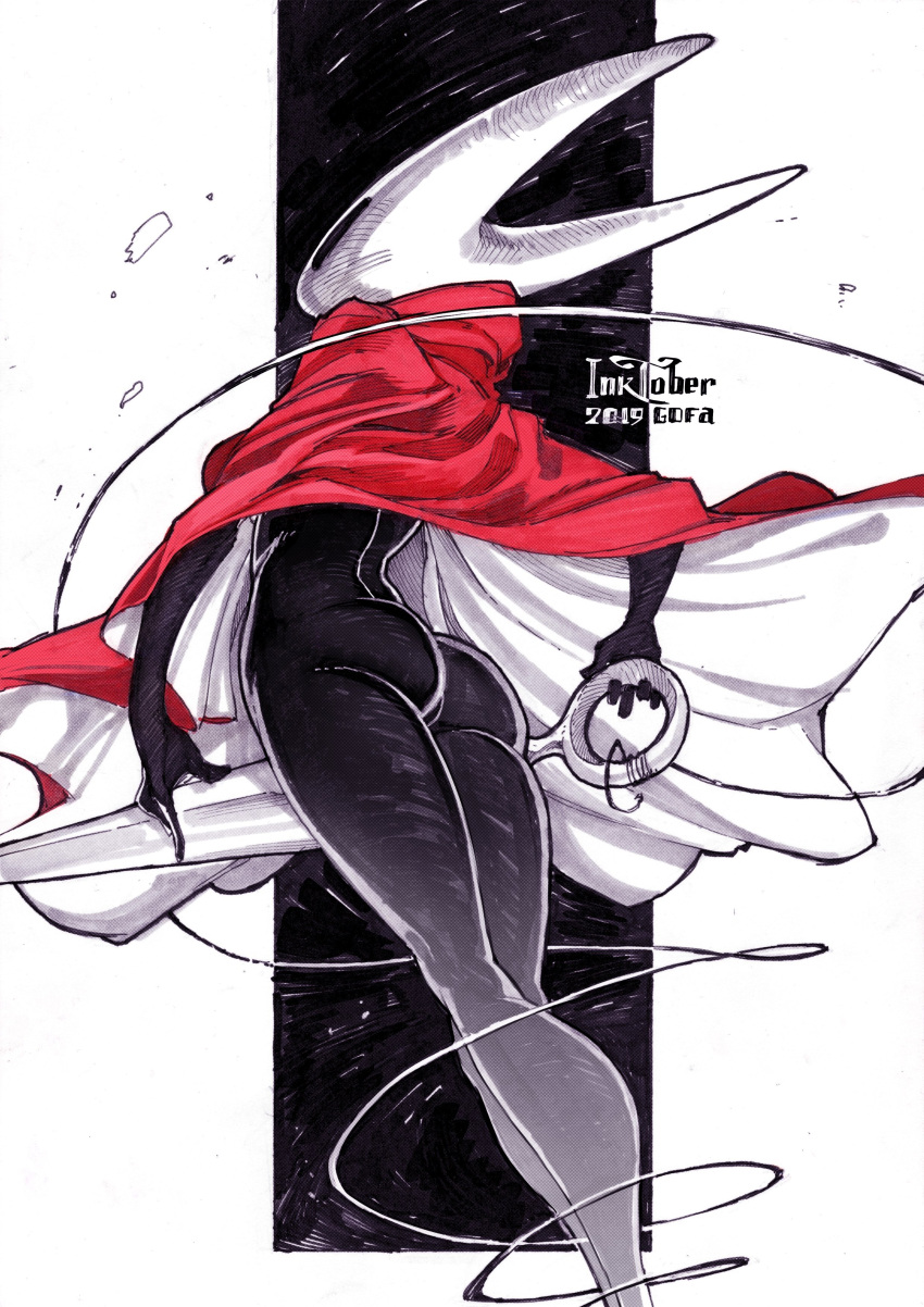 1girl, 2019, absurdres, ass, black_skin, blade, cloak, eye_socket
