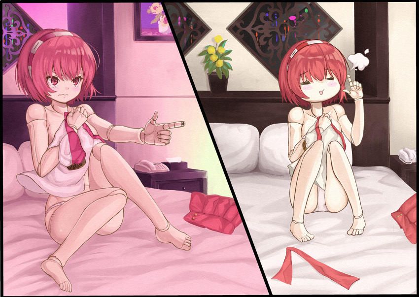 1girl, =3, =_=, barefoot, bed, bed_sheet, blush, closed_eyes