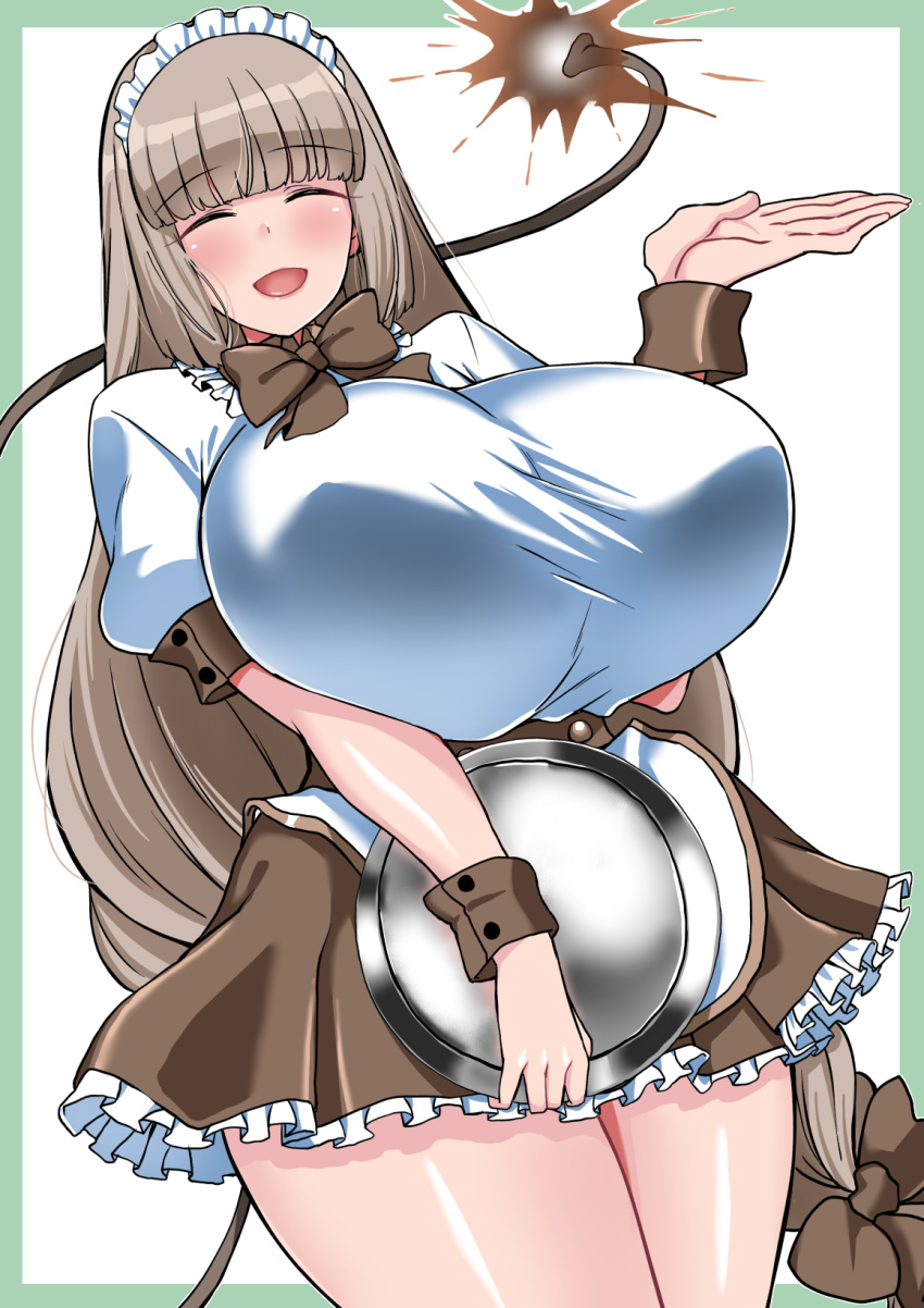1girl, bombergirl, border, bow, breasts, brown_bow, brown_hair, closed_eyes