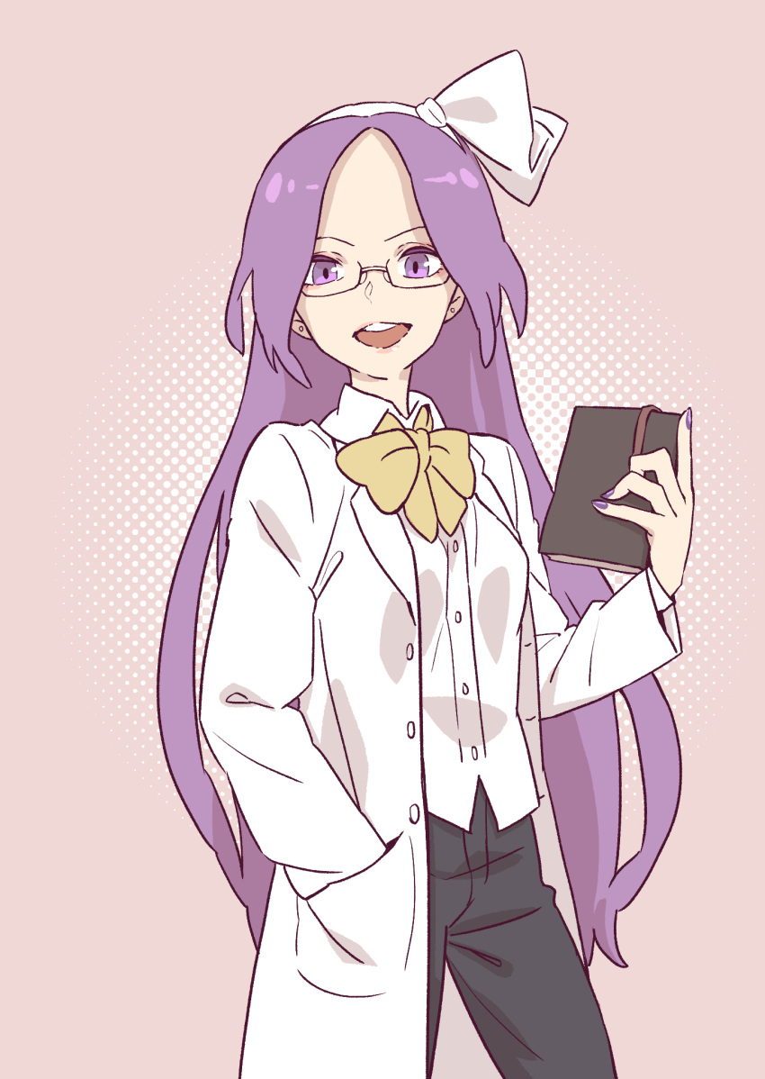 1girl, asakura_rikako, black_pants, book, buttons, collared_shirt, glasses, hair_ribbon